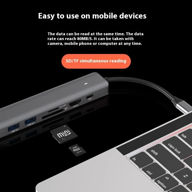 USB-C to 7-port card reader hub with SD and TF slots and PD charging port