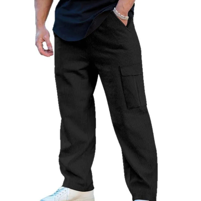 Men's corduroy cargo trousers in straight-leg wide-cut design with drawstring waist closure