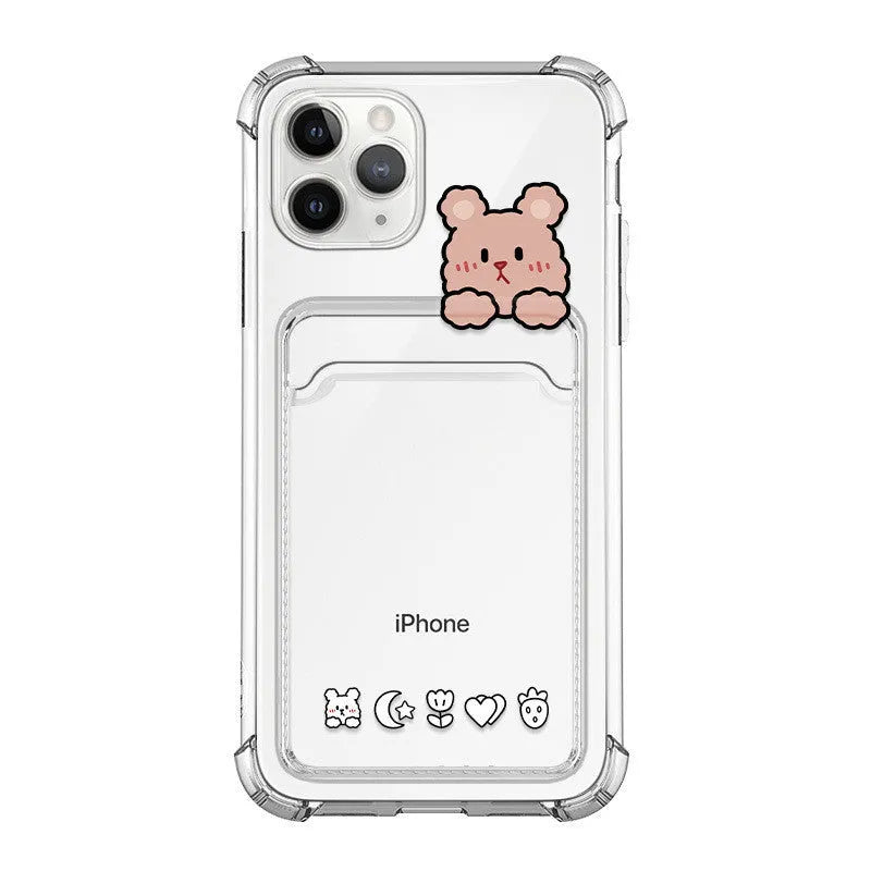 Clear cartoon design iPhone case with a card slot on the back, shown on a phone.