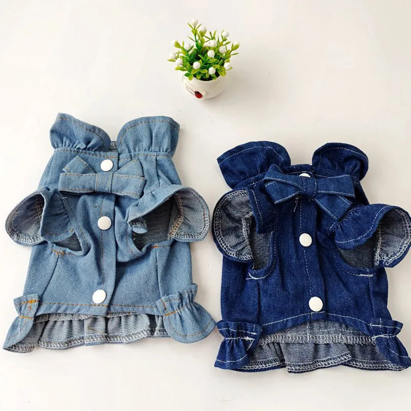 Blue denim dog dress with ruffles vest and back leash hook in five sizes