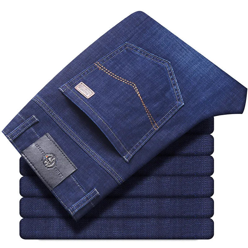 Loose fit straight-leg stretch jeans in black and blue denim for plus sizes
