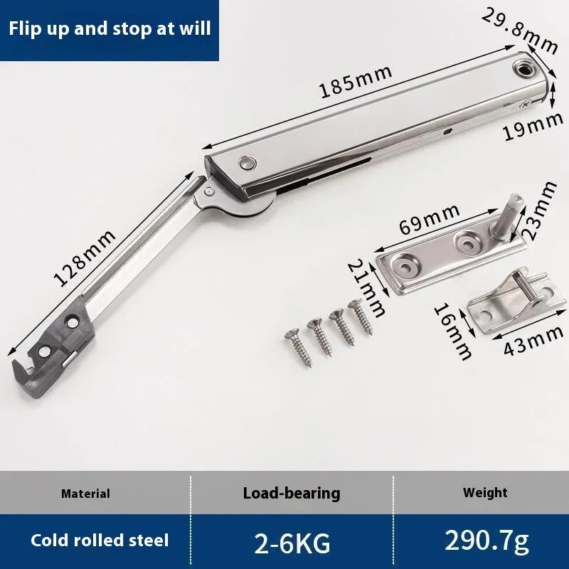 Cold rolled steel flap-up door support rod with spring jackstay in stainless steel finish.