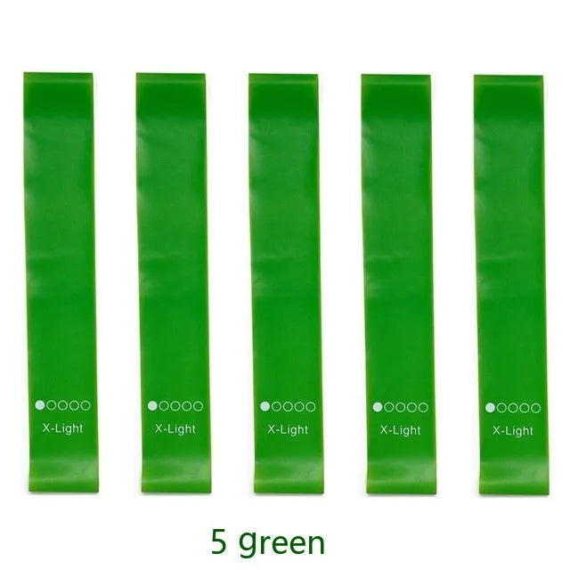 Five colour-coded TPE yoga tension straps with graduated thickness for resistance training
