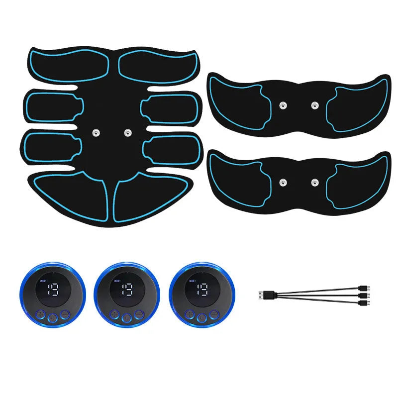 Digital EMS abdominal muscle trainer patch set with three pieces and a charging unit in red, blue, or yellow.