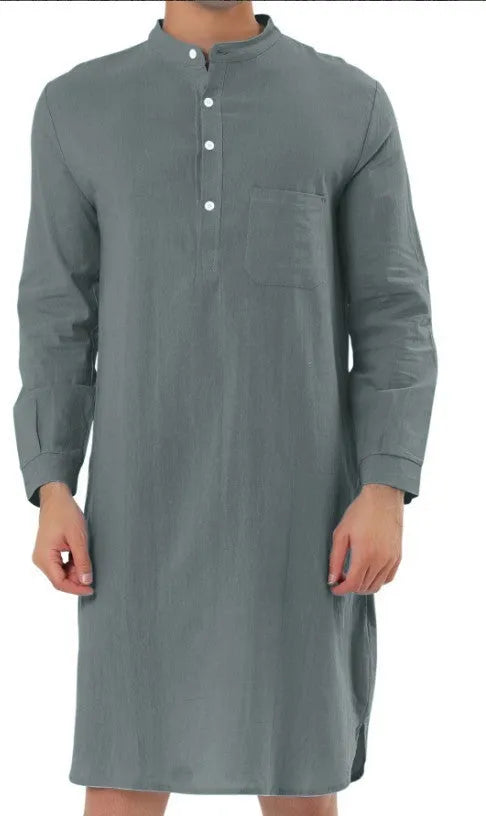 Men's cotton shirt robe with a front pocket, shown in one of nine available colours.