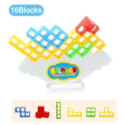 Plastic balance stacking board game with 16 colourful blocks, chassis, and base in a 26.5cm square box.