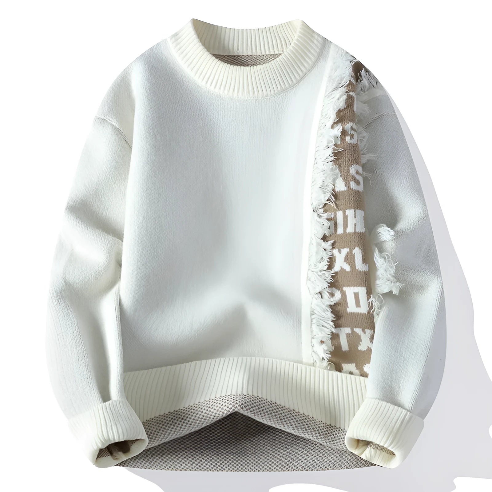 Men's loose fit long sleeve knitted pullover in rabbit fur and polyester, shown in a choice of colours.