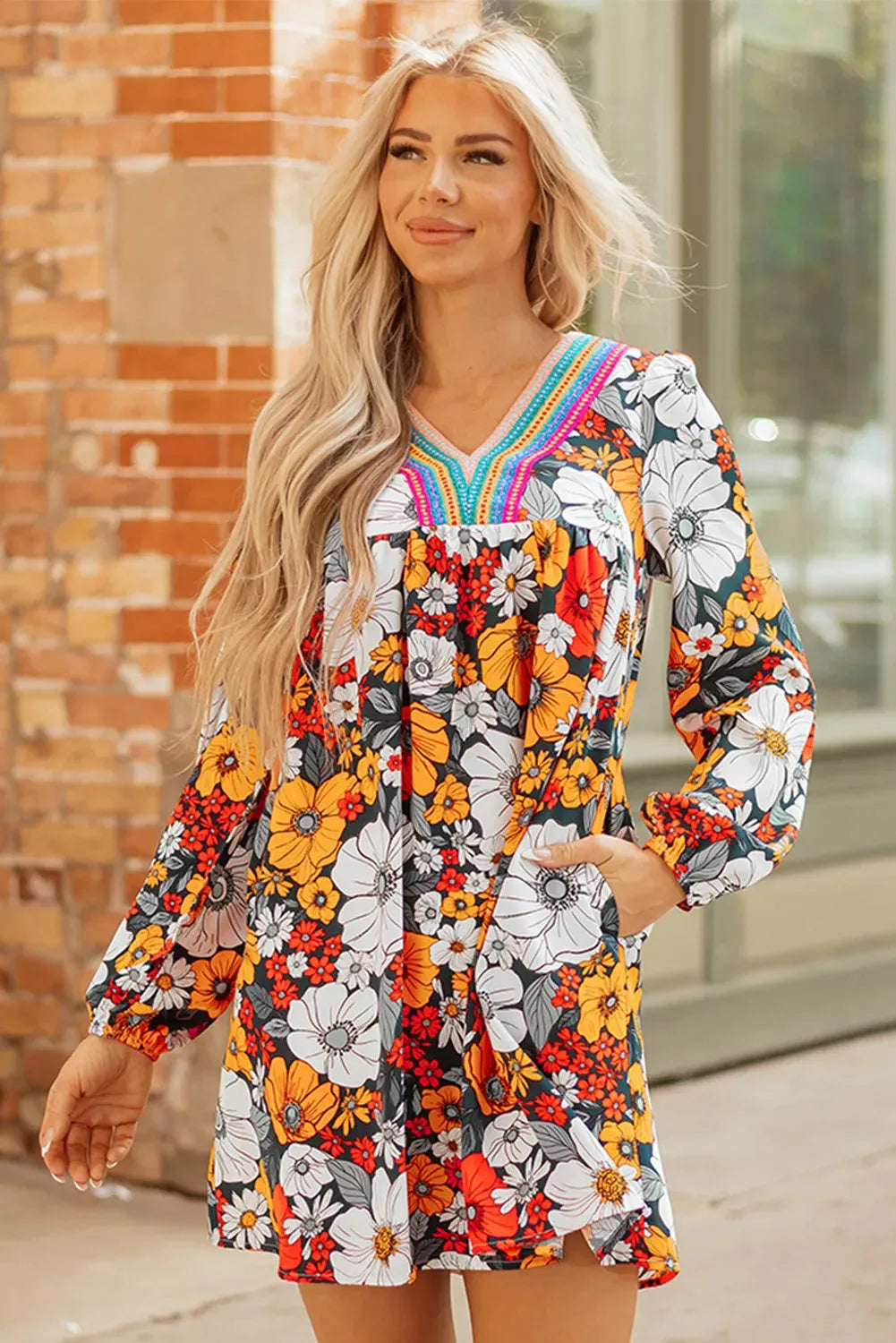 Orange floral print striped lace v neck mini dress with long sleeves