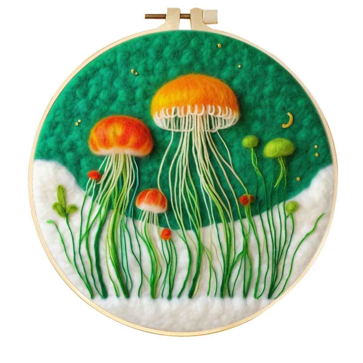Round linen embroidery kit with wool felt materials for three-dimensional floral design