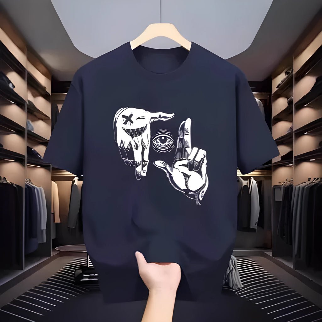Men's grey mesh T-shirt with cartoon digital print showing round neck and short sleeve design