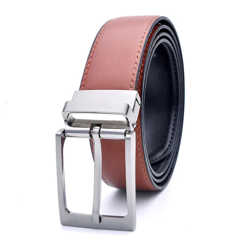 Men's brown black genuine leather belt with rotating alloy pin buckle showing length options