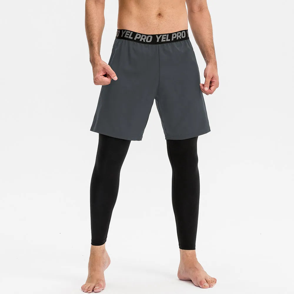Men's grey quick-drying high elastic tight pants for fitness and running sports.
