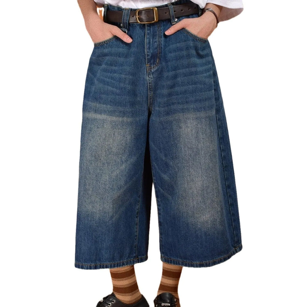 Men's loose straight-leg denim shorts in blue with micro-elastic true-ran fabric for summer wear