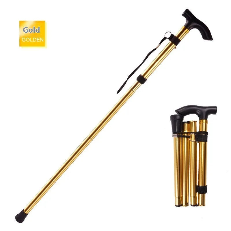 Aluminium alloy folding walking cane shown extended and collapsed, with non-slip handle.