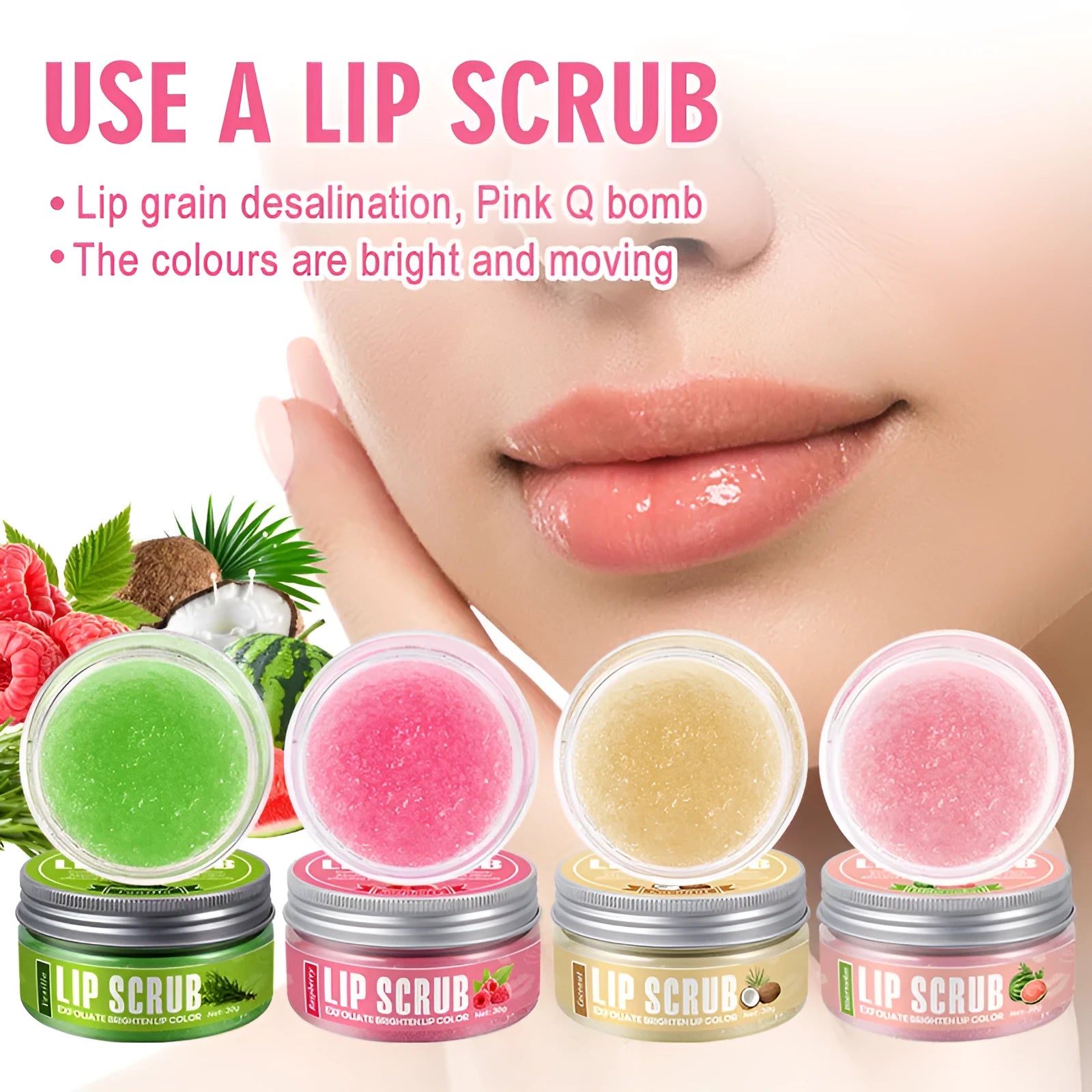 30g jar of Amatoni fruit flavour lip scrub cream in coconut, raspberry, vanilla or watermelon.