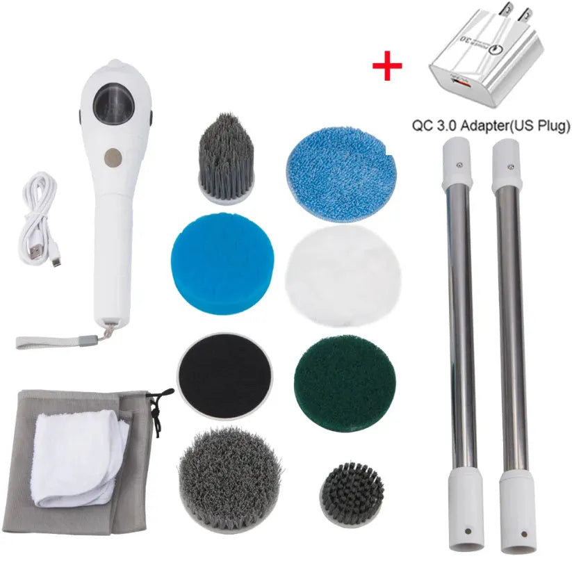 White rechargeable handheld cleaning brush with USB cable on a plain background