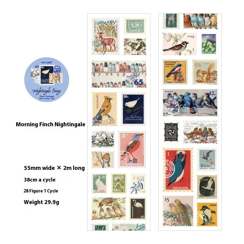 Roll of retro-patterned coated paper stamp for journal decoration, showing butterfly, forest, bird and mushroom design options.