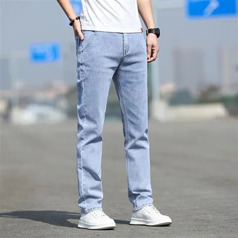 Men's smoky gray low-waist straight-leg jeans made from elastic rabbit fur fabric with a zip fly.