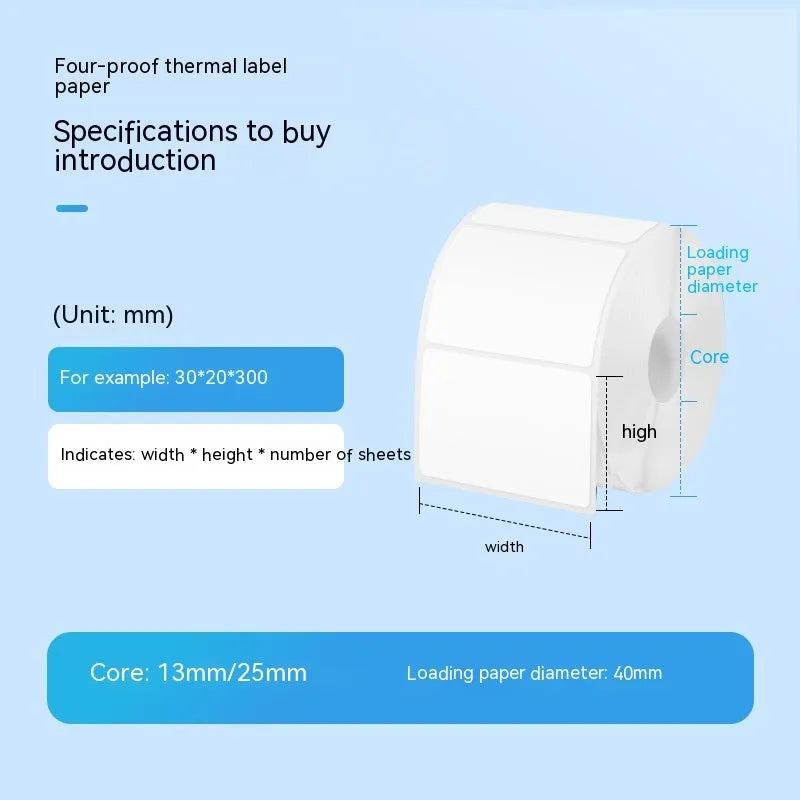 Roll of white thermosensitive paper labels for thermal printing, 40x40mm size