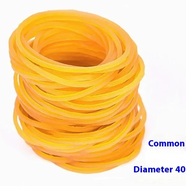 500g pack of assorted diameter yellow rubber bands ranging from 16mm to 70mm.