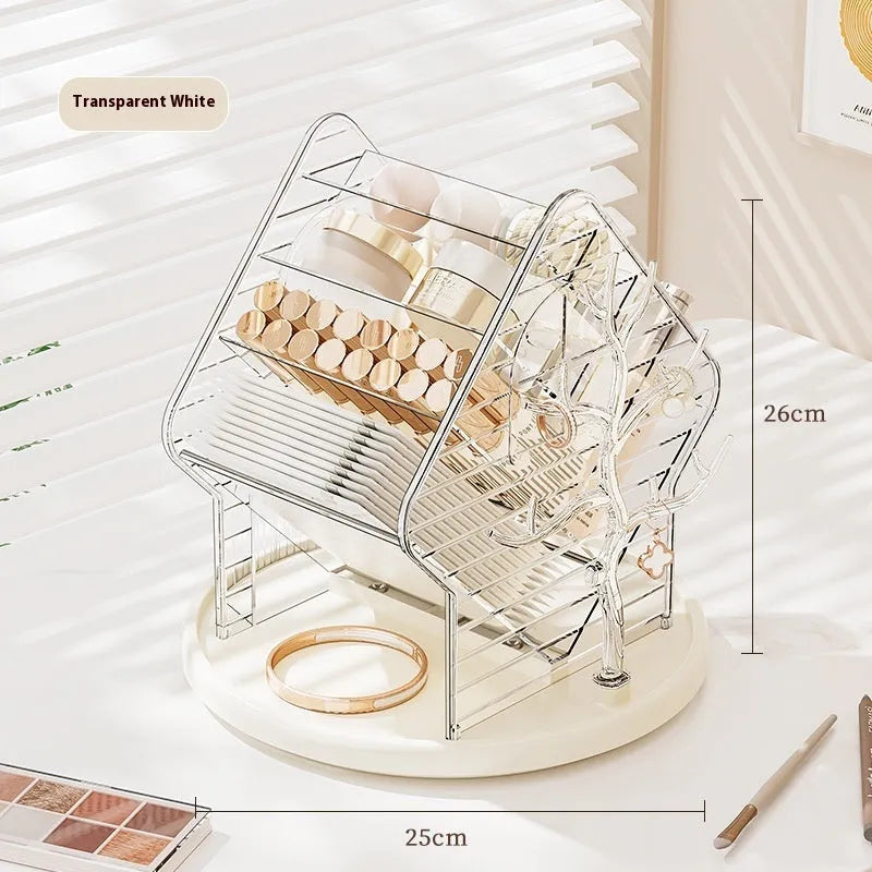 360-degree rotating cosmetics storage box in amber gold or clear plastic for makeup organisation