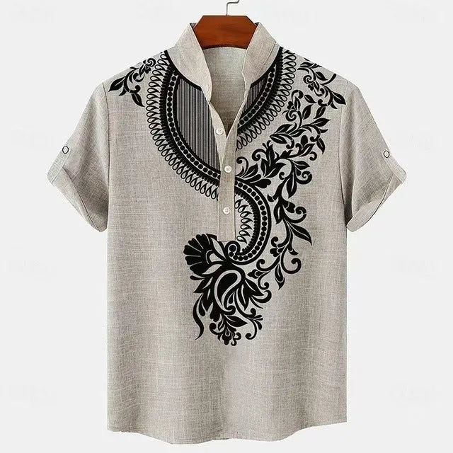 Men's striped loose-fit casual shirt on a hanger, showing button front and sleeve detail.