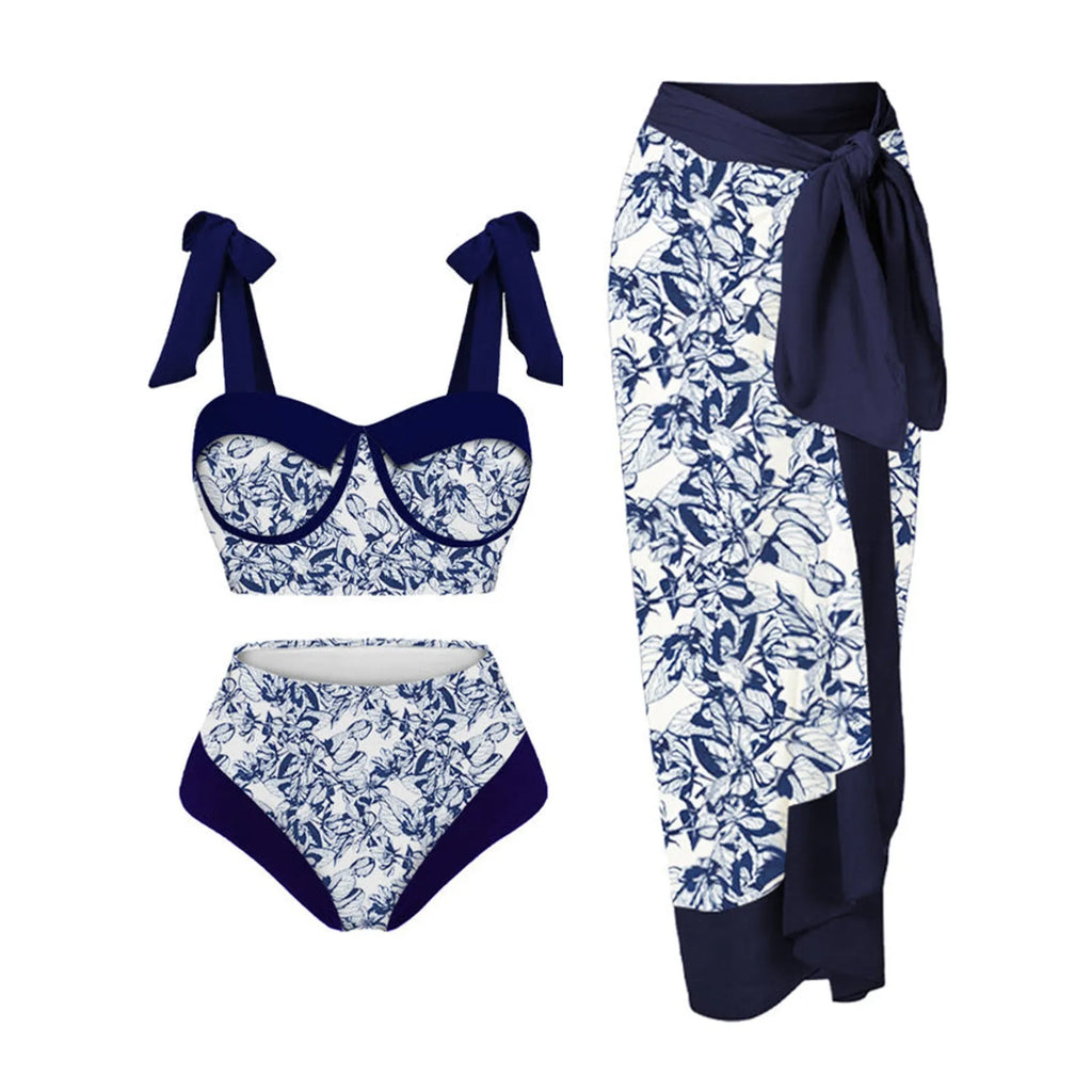 Women's printing split swimsuit three-piece in polyester fabric with high elasticity