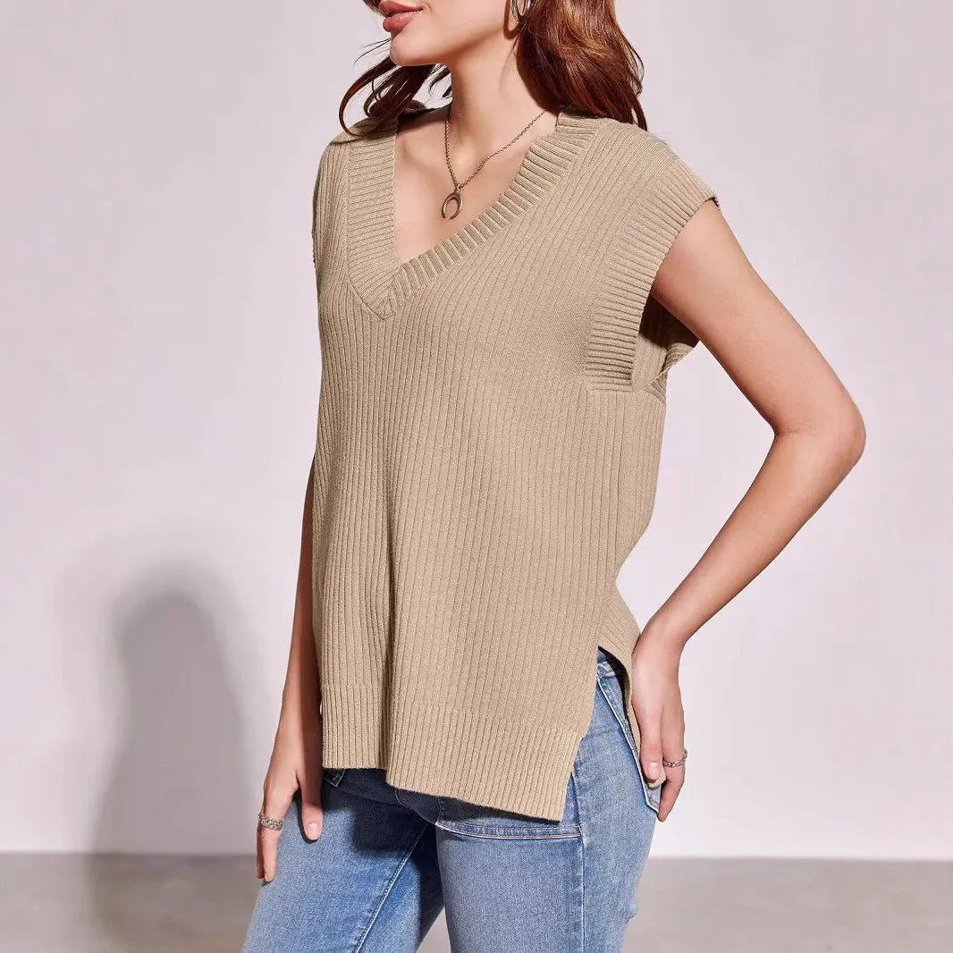 Women's camel and white v-neck sleeveless vest with loose fit and striped or plaid patterns