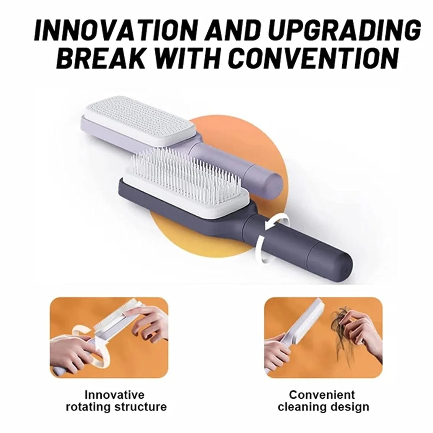 Self-cleaning hair brush with rotating handle, anti-static teeth and scalp massage points in purple and grey colours