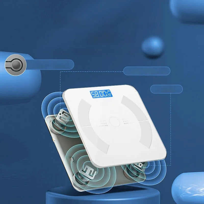 Smart Bluetooth rechargeable body fat scale in white, black, or pink measuring weight, fat, calories, and moisture