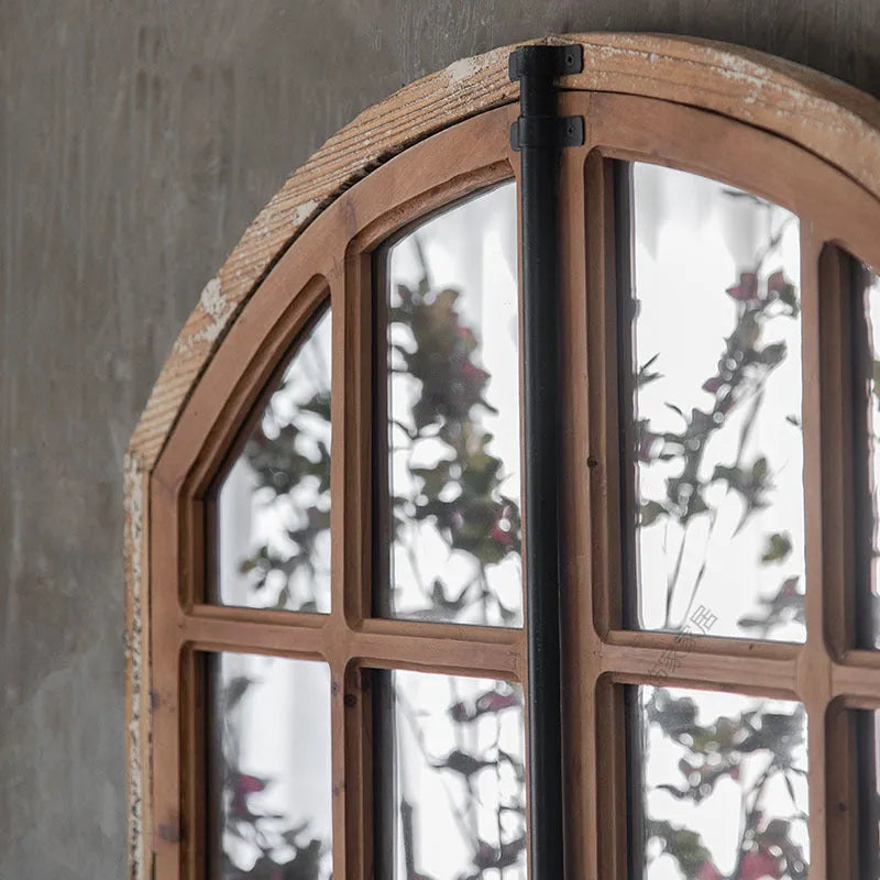 Distressed wooden frame fake window wall mirror with glass panel in log colour