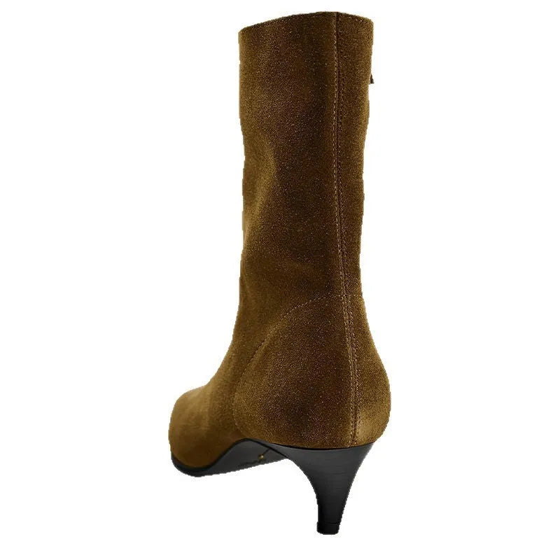 Brown women's square toe mid-calf boots with a side zip and a stiletto kitten heel on a waterproof platform sole.