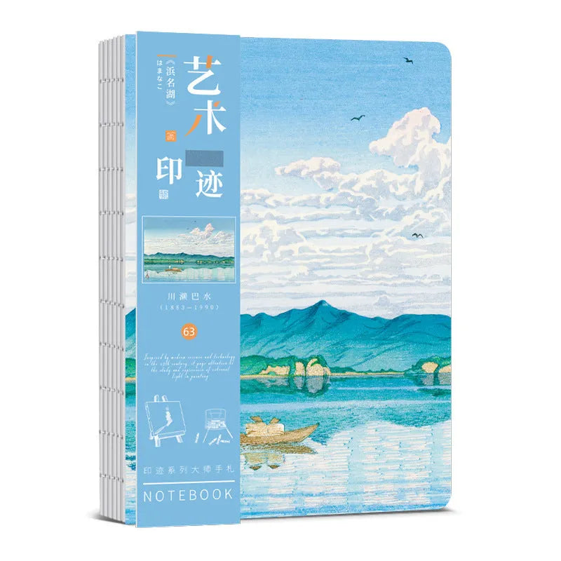Hardback Ukiyo-e series hand ledger notebook with retro Japanese print cover, open to show 100g paper pages.