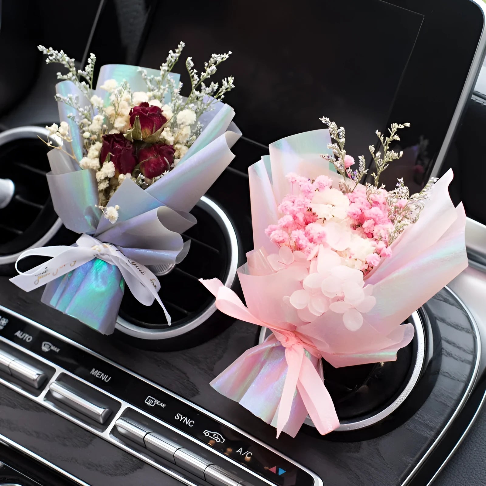 Handmade dried flower bouquet car vent air freshener in a choice of 13 colours.