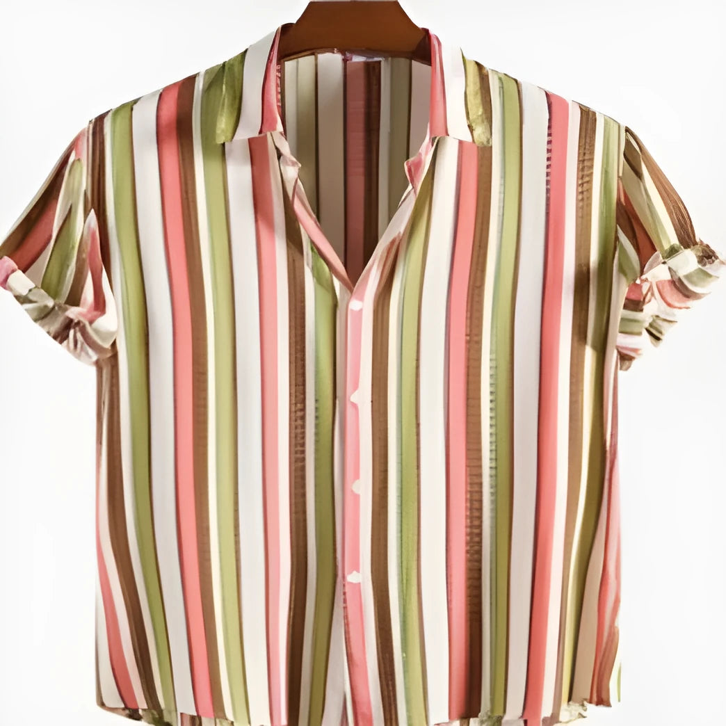 A man's short sleeved casual shirt with a digital printed design, made from polyester fabric for summer.
