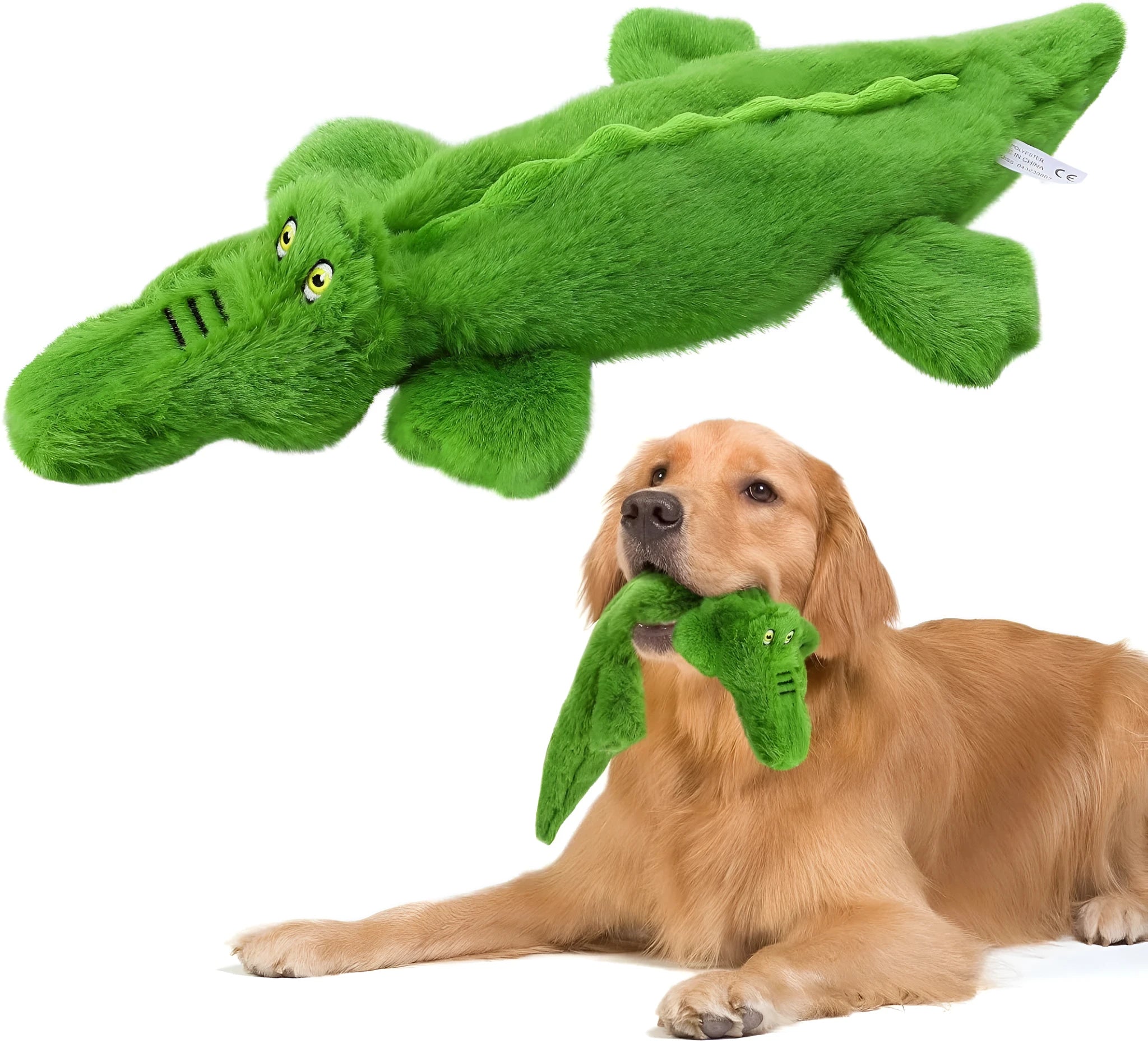 Green crocodile plush dog toy with stuffing-free construction and squeaker sound feature