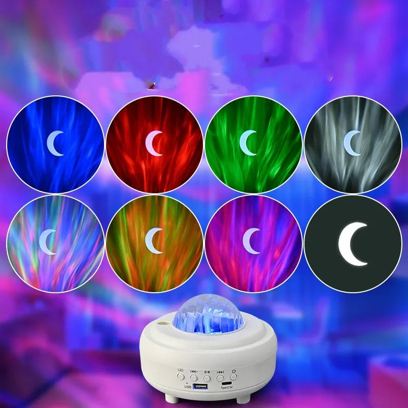 White Bluetooth galaxy star projector night light showing starry sky projection on ceiling
