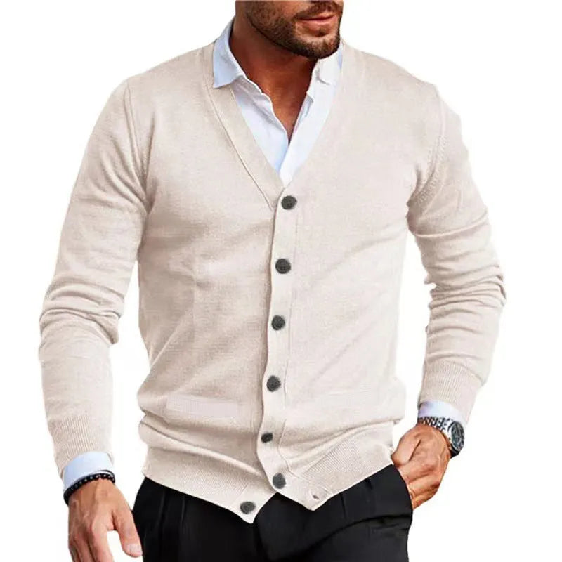 Men's slim fit acrylic cardigan in light grey, shown as a long-sleeved sweater coat open at the front.