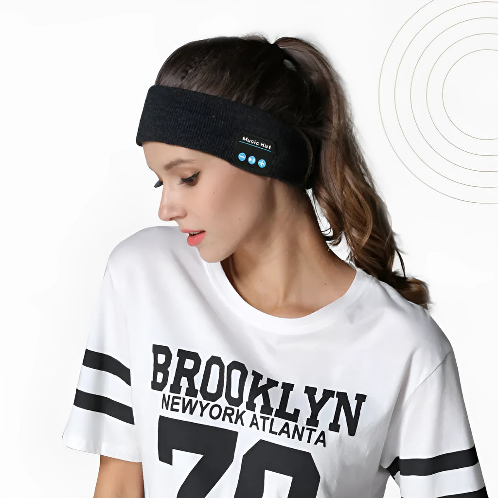 Bluetooth 5.4 sports headband with removable washable fabric scarf in black colour