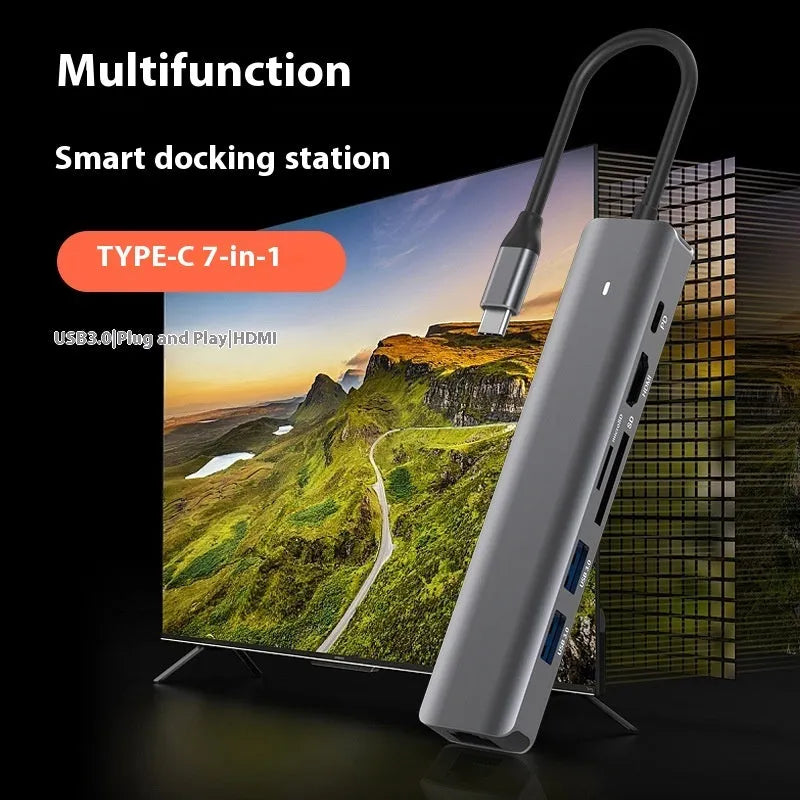 USB-C to 7-port card reader hub with SD and TF slots and PD charging port