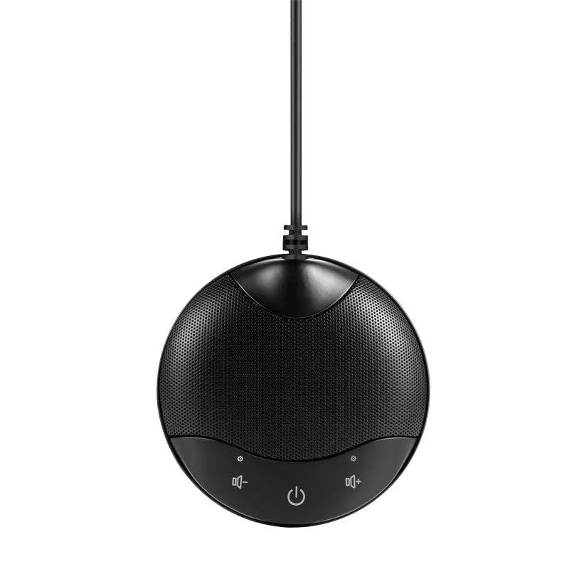 Black USB condenser microphone for conference calls and recording measuring 9x9x1.7cm