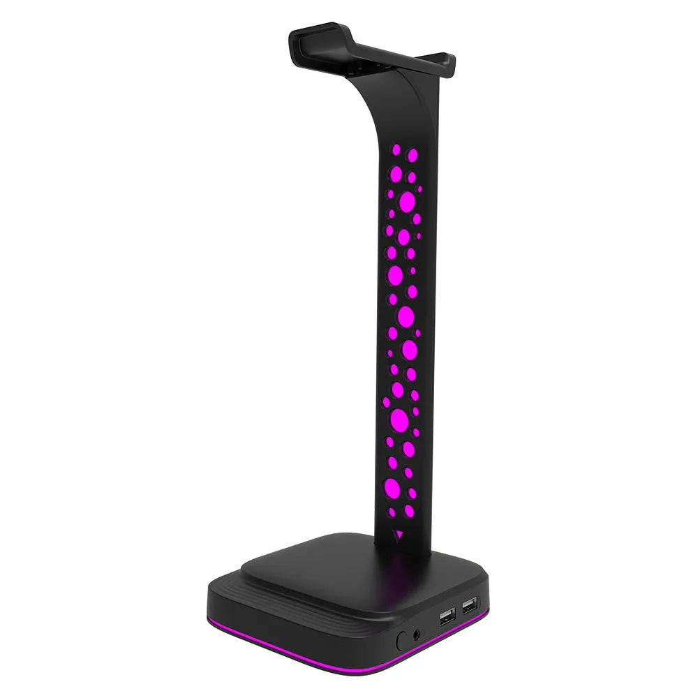 Headphone display rack with RGB lighting and dual USB ports in black acrylic design