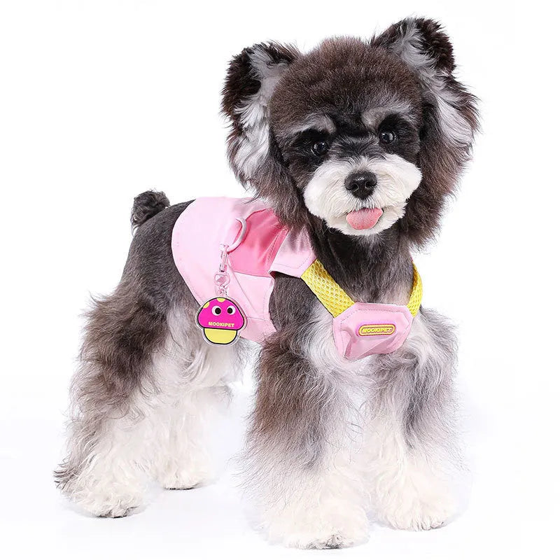 Pink polyester pet vest for small dog breeds on mannequin showing harness design