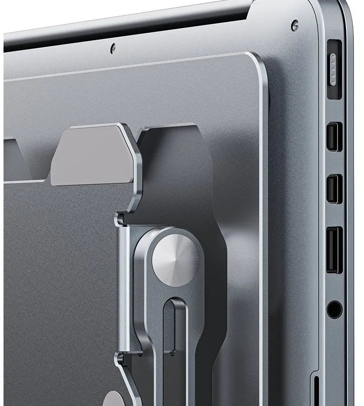 Grey aluminium laptop stand with adjustable angle and folding legs for portable use