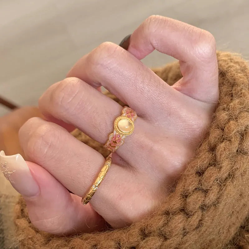 Pink crystal enamel open ring with geometric shape and gold plating on copper