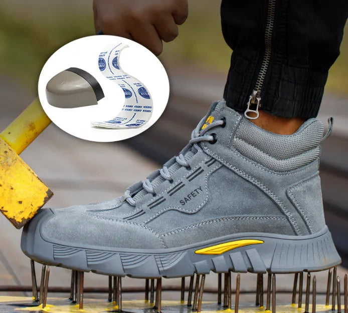 Men's winter high-top velvet cotton safety shoes with steel toe on grey background