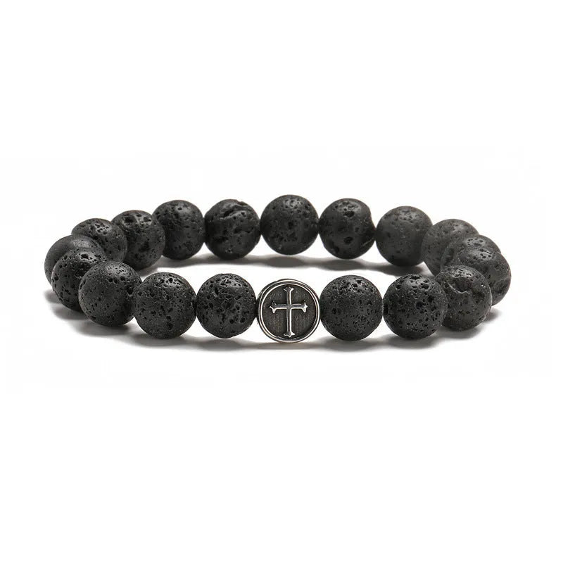 Men's volcanic agate bracelet with geometric design, stainless steel finish, and 10mm beads