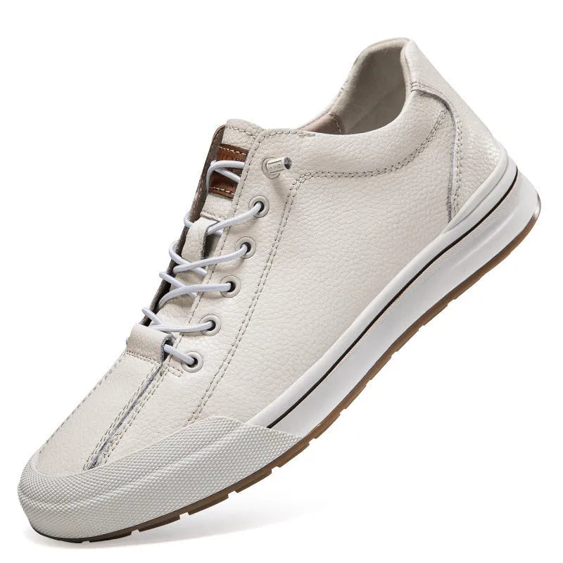 Men's white and black matte leather casual shoes with flat heels and round toes, showing hollow-out and fleece-lined style options.