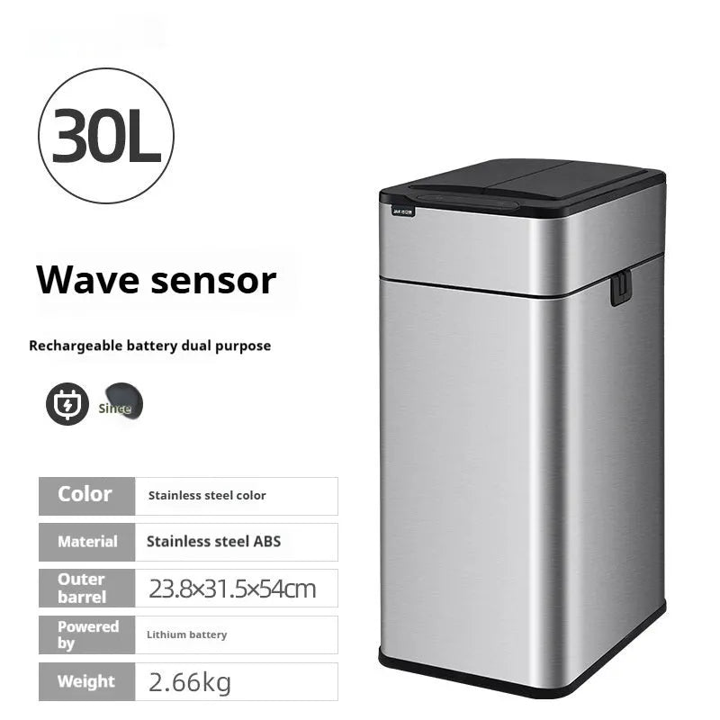 Square inductive sensor bin with automatic lid and deodorant system in stainless steel finish