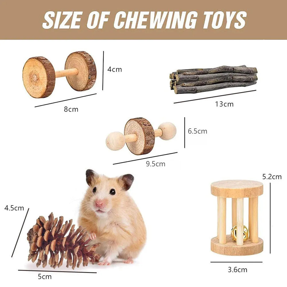 Assortment of natural wooden and woven grass toys for rabbits, guinea pigs, and parrots
